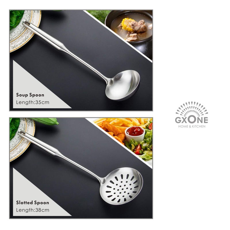 GXONE Kitchen Utensil Set â€“ 6 Piece Stainless Steel Cooking Utensils with Rotating Holder Organizer Includes Slotted Spoon, Slotted Spatula, Large Spoon, Soup Ladle, Spatula, Pasta Server Silver/7PCS - Image 4